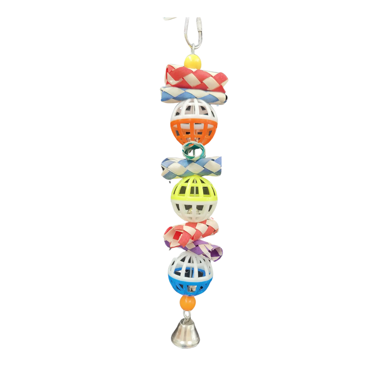 This bird toy features 3 plastic balls and pieces of cane finger traps, skewered together with a bell on the bottom. Perfect for smaller birds, this toy provides both a chewing and rattling experience. Enhance your feathered friend's playtime with this engaging and stimulating toy.