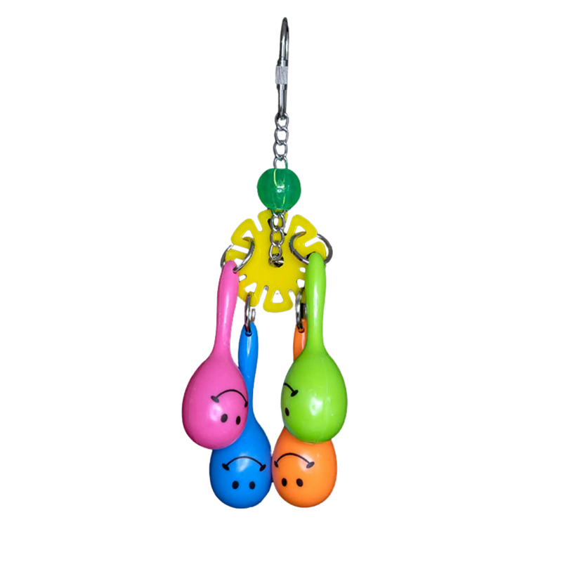 Introduce your feathered friend to the 4 Maracas Bird Toy, a colourful and entertaining addition to their cage. The handmade Lou Lou Bells Bird Toys feature 4 smiley face maracas, perfect for smaller birds to shake and make noise. Bring some musical fun to your bird's playtime!