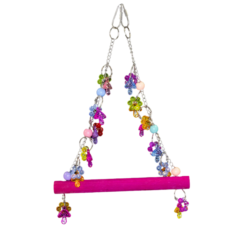 Swing with Bling Beads Bird Toy. A glitzy swing packed with sparkling beads, perfect for small to medium-sized birds to perch, play, and shine. Size: 20 cm x 30 cm