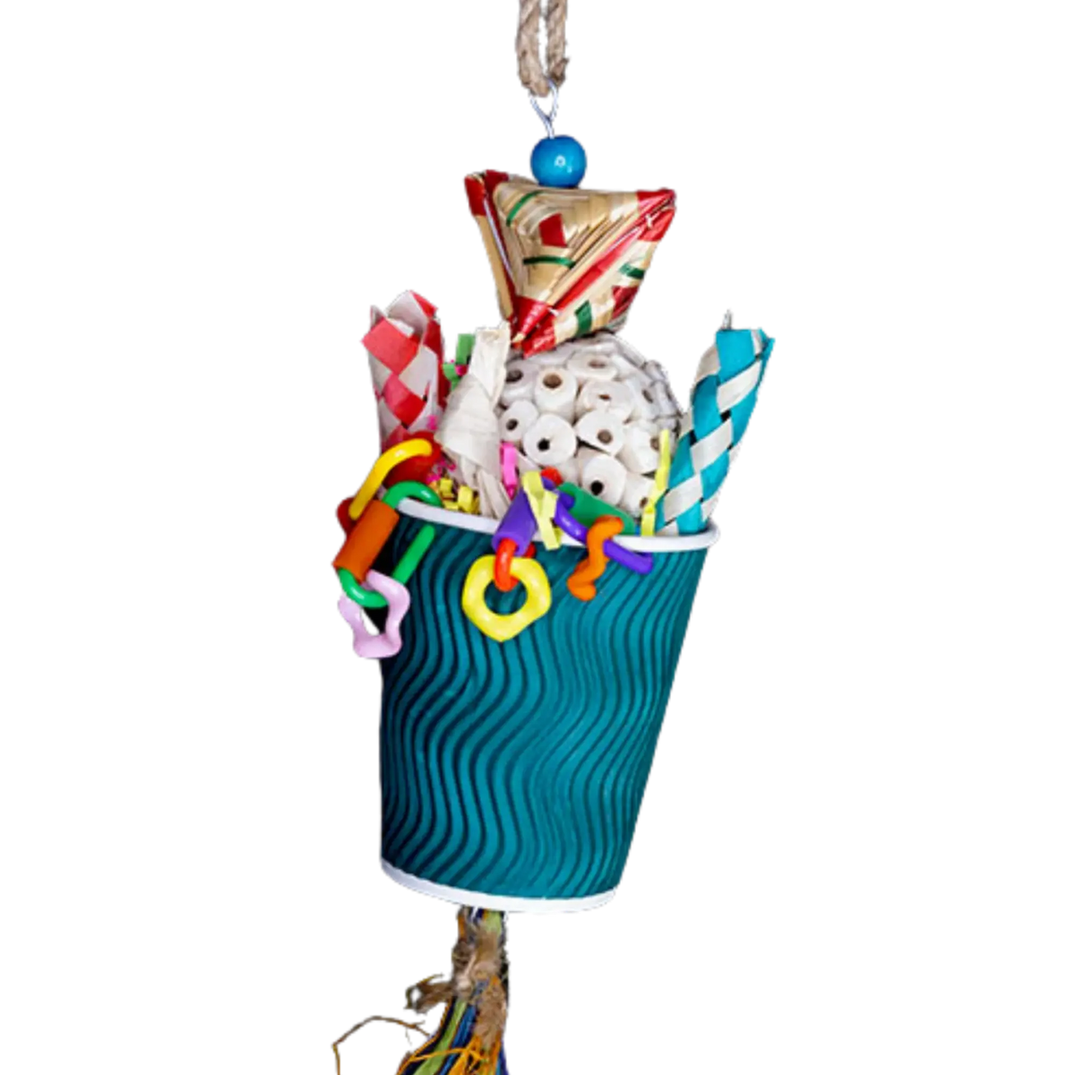 Cup with Balsa Ball and Tassel Bird Toy