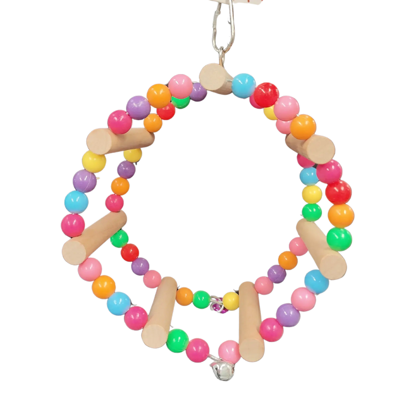 two rings of beads joined together with wood poles to form a double swing bird toy