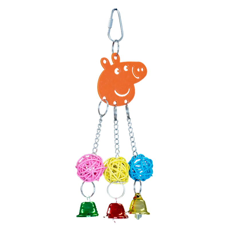 Peppa Bird Toy

A playful acrylic pig face with three colourful cane balls and bells hanging below. Perfect for small birds to chew, ring, swing, and explore. Hung with nickel-plated chains for added fun.

Size: 9 cm x 18 cm